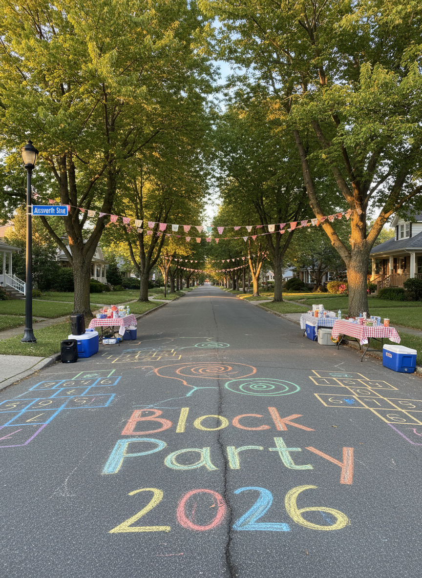 A long stretch of leafy residential street identified as “Ainsworth Street” by a small corner sign on a lamppost, festooned with colorful paper bunting and fabric pennant flags strung between mature maple trees. The asphalt is chalked with bright hopscotch grids, swirling doodles, and the large hand-lettered phrase “Block Party 2026.” Portable speakers, folding tables draped with mismatched gingham cloths, and coolers clustered near a curb create a playful, lived-in feel. Captured in photographic realism at golden hour from a slightly elevated, wide-angle perspective, with warm sunlight filtering through green leaves, casting dappled shadows on the pavement. The mood is festive and welcoming, with rich, saturated colors and sharp focus throughout, evoking the anticipation of a neighborhood celebration just about to begin.