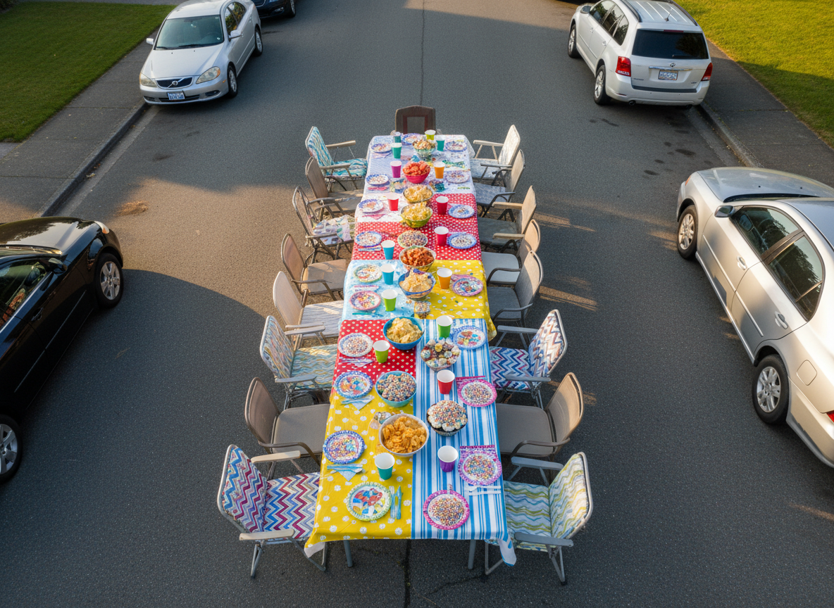 An overhead, bird’s-eye photographic view of a long communal table set down the center of a quiet neighborhood street for the Ainsworth Street Block Party 2026. The table is covered in bright, mismatched tablecloths—polka dots, stripes, florals—and scattered with colorful reusable cups, paper plates, and serving bowls brimming with chips, watermelon slices, and cupcakes covered in rainbow sprinkles. Around the table stand an eclectic mix of folding chairs and lawn chairs, some with vivid patterned cushions. Soft late-afternoon sunlight creates gentle highlights on glossy plastic surfaces and metallic cutlery, with subtle shadows stretching toward neatly parked cars at the block’s edge. The mood is cheerful and communal, with vibrant, saturated colors and sharp focus across the scene, conveying abundance and shared neighborhood joy.