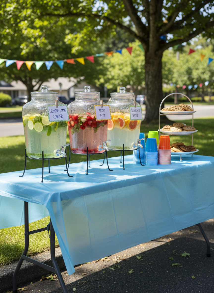 A playful beverage and snack station set up for the Ainsworth Street Block Party 2026, positioned on the asphalt beside a lush green verge. A long folding table is covered with a vivid sky-blue plastic cloth, slightly wrinkled, catching highlights from bright midday sun. Large clear drink dispensers are filled with colorful lemon-lime, strawberry, and citrus-infused water, each with floating slices and cheerful handwritten labels clipped on with tiny clothespins. Beside them sit neat rows of reusable cups in varied neon colors and a tray of homemade cookies on a tiered stand. In the background, blurred bunting flags and tree canopies suggest a busy street scene. The composition is eye-level and tightly framed, with vibrant photographic realism, sharp details on condensation droplets, and a lively, refreshing mood that feels playful and family-friendly.