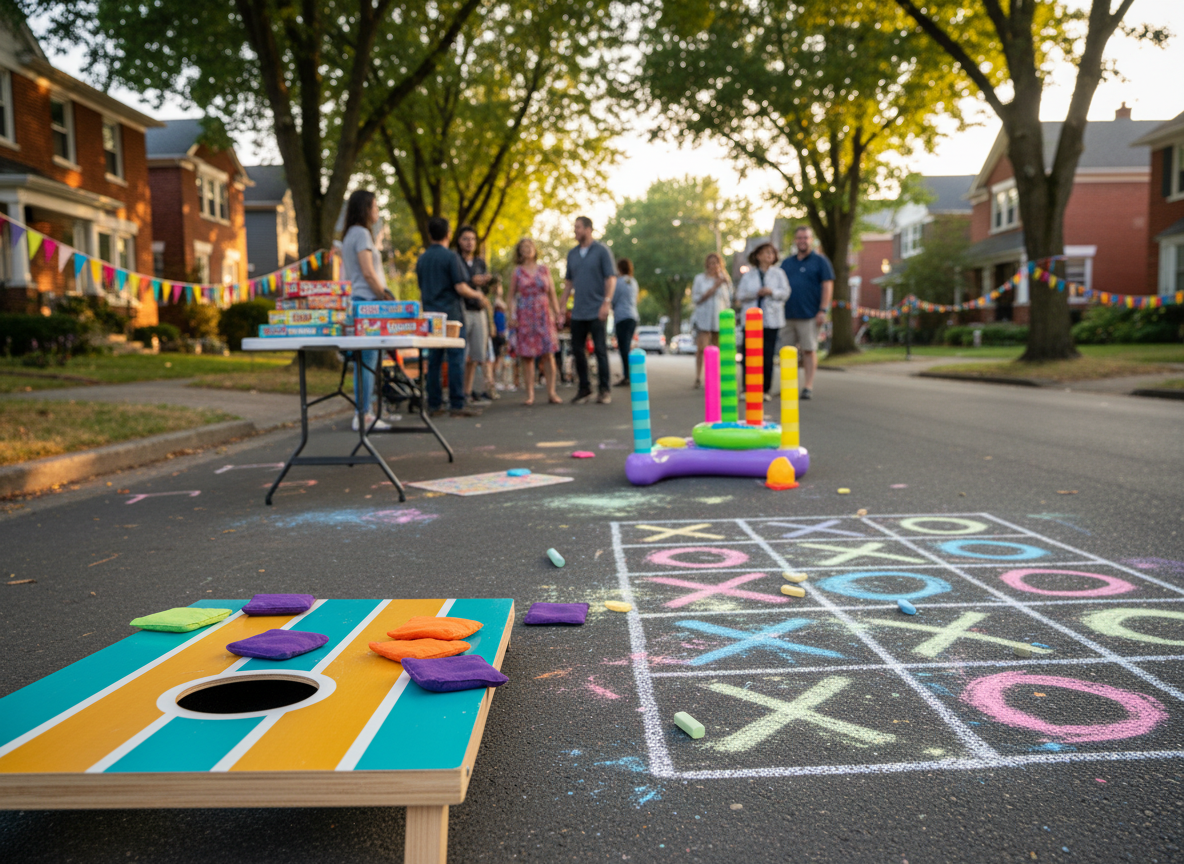 A whimsical game zone set up in the middle of Ainsworth Street for the 2026 block party, photographed at eye level. In the foreground, a wooden cornhole board painted in bright teal and sunshine yellow sits on the asphalt, surrounded by neatly arranged bean bags in playful contrasting colors. To one side, a giant sidewalk chalk tic-tac-toe board and scattered chalk pieces create a burst of pastel dust on the pavement. In the midground, an inflatable ring toss game and a small stack of board games rest on a low folding table. Late-afternoon natural light casts long, soft shadows and warm highlights on the game surfaces, with leafy trees and brick houses gently blurred in the background. The atmosphere is energetic and fun, with crisp photographic realism and a shallow depth of field that focuses attention on the games.