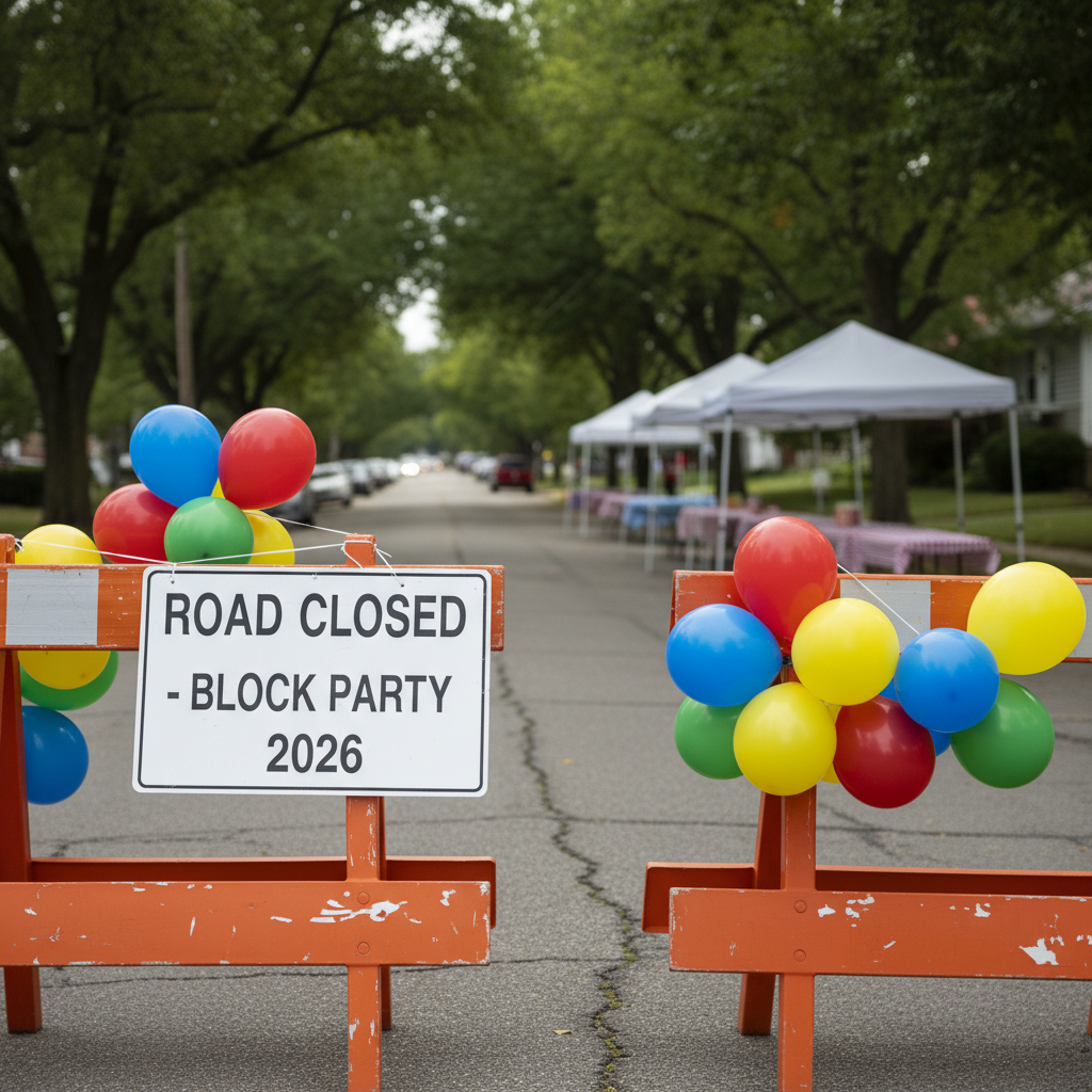A close-up, waist-high view of a quiet residential street closed for a block party, orange traffic barricades and a “Road Closed – Block Party 2026” sign prominently displayed. Brightly colored balloons are tied to the barricade rails, their glossy surfaces reflecting soft afternoon daylight. In the background, out of focus, stand an arrangement of card tables, a row of small pop-up tents, and tree-lined sidewalks. The photographic style emphasizes crisp detail on chipped paint of the barricades and subtle texture of worn asphalt. Lighting is bright but slightly diffused, suggesting a mild overcast day that makes colors pop while keeping shadows soft. The composition uses rule-of-thirds framing, creating a playful yet orderly atmosphere that clearly communicates a safe, car-free space ready for community festivities.