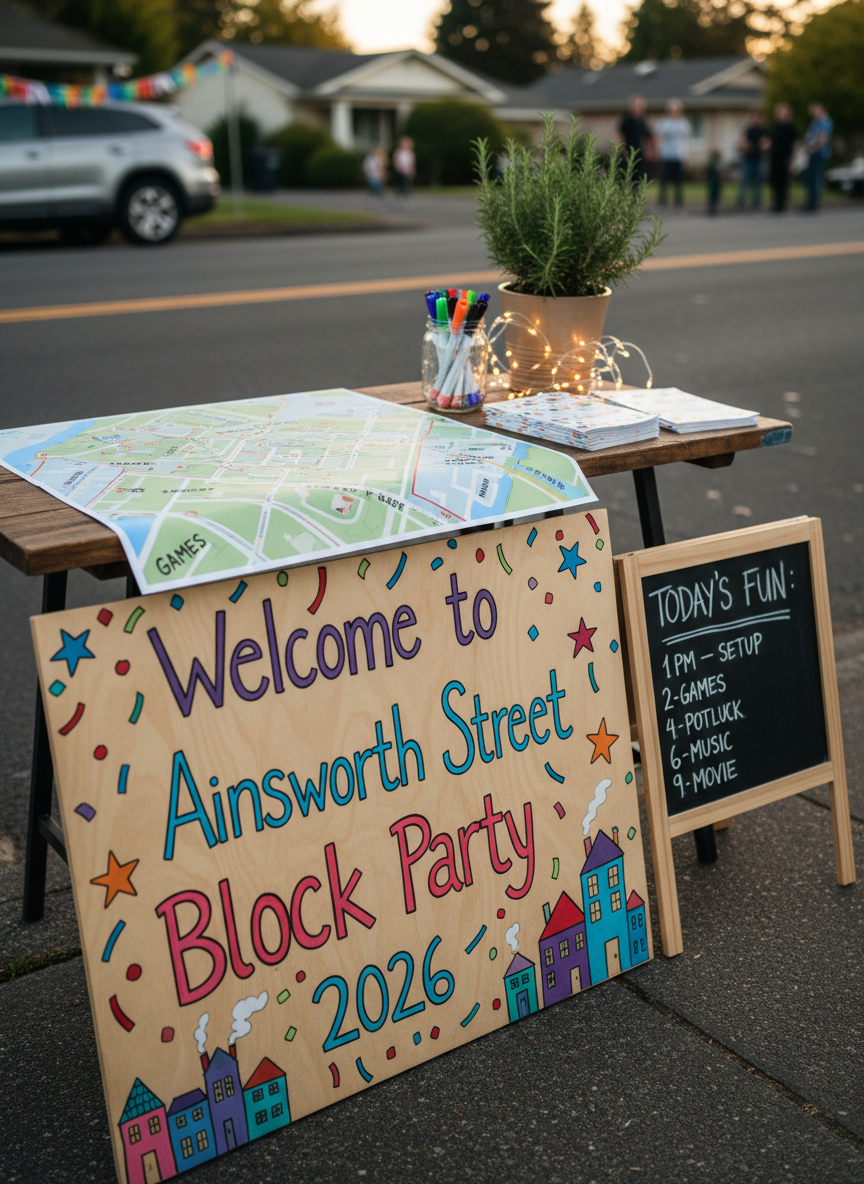 A cozy “block party central” information table set along the curb of Ainsworth Street, captured in photographic realism. A bright, hand-painted sign reading “Welcome to Ainsworth Street Block Party 2026” leans against the table, decorated with doodled confetti, stars, and stylized little houses. On the table rests a colorful map of the block showing labeled zones for games, food, and music, alongside stacks of playful printed schedules, a jar of vibrant markers, and a small chalkboard listing the day’s activities. A string of battery-operated fairy lights winds around a potted plant at one corner. The scene is lit by soft, warm early-evening light, with subtle reflections on laminated paper and faint shadows behind objects. Shot at a slightly angled close-up with moderate depth of field, the mood is inviting, organized, and delightfully homemade.